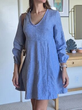 Boden Linen Chambray V-Neck Summer Dress with Embroidered Trim US 6